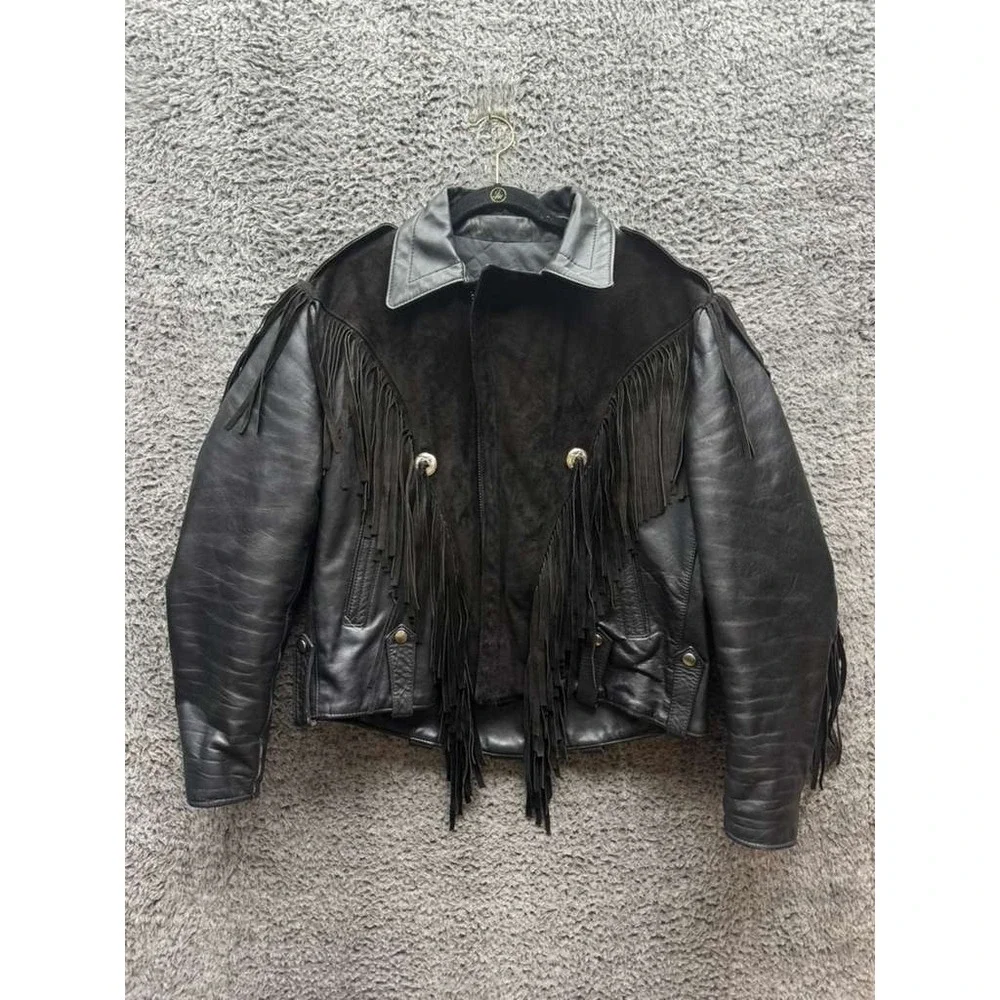 Vintage Suede Leather Fringe Collared‎ Full Zip Biker Jacket Black Mens Size 42